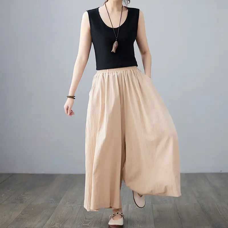 Women Cotton Linen Wide Leg Pants Yellow Fat mm - Image 3