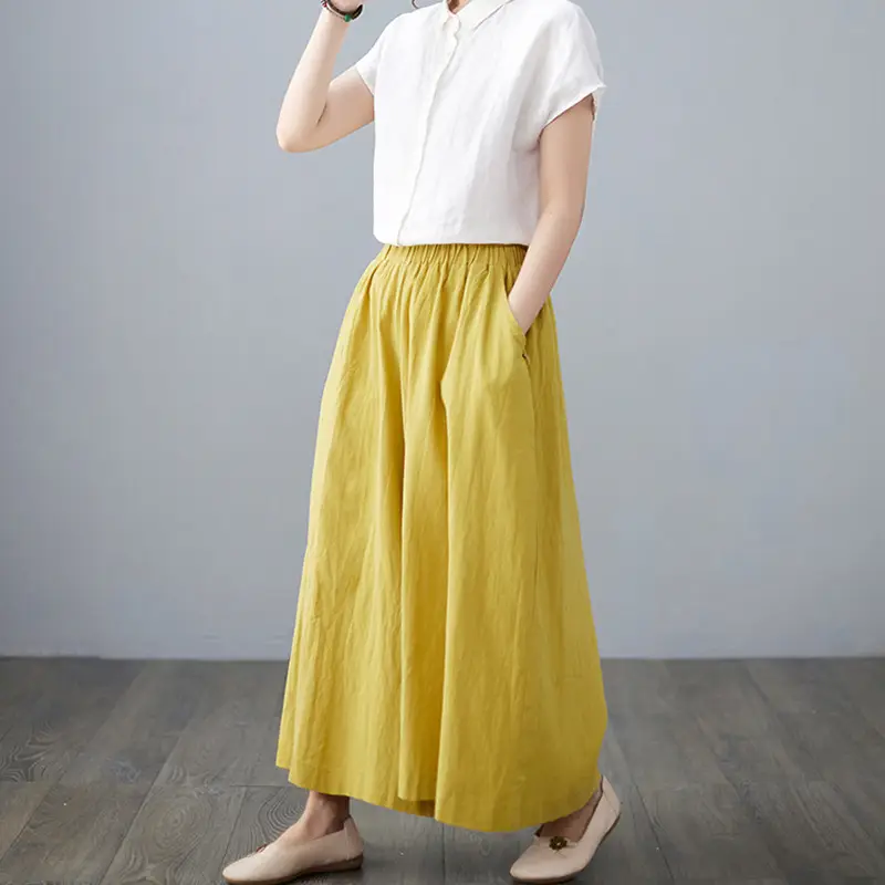 Women Cotton Linen Wide Leg Pants Yellow Fat mm - Image 4