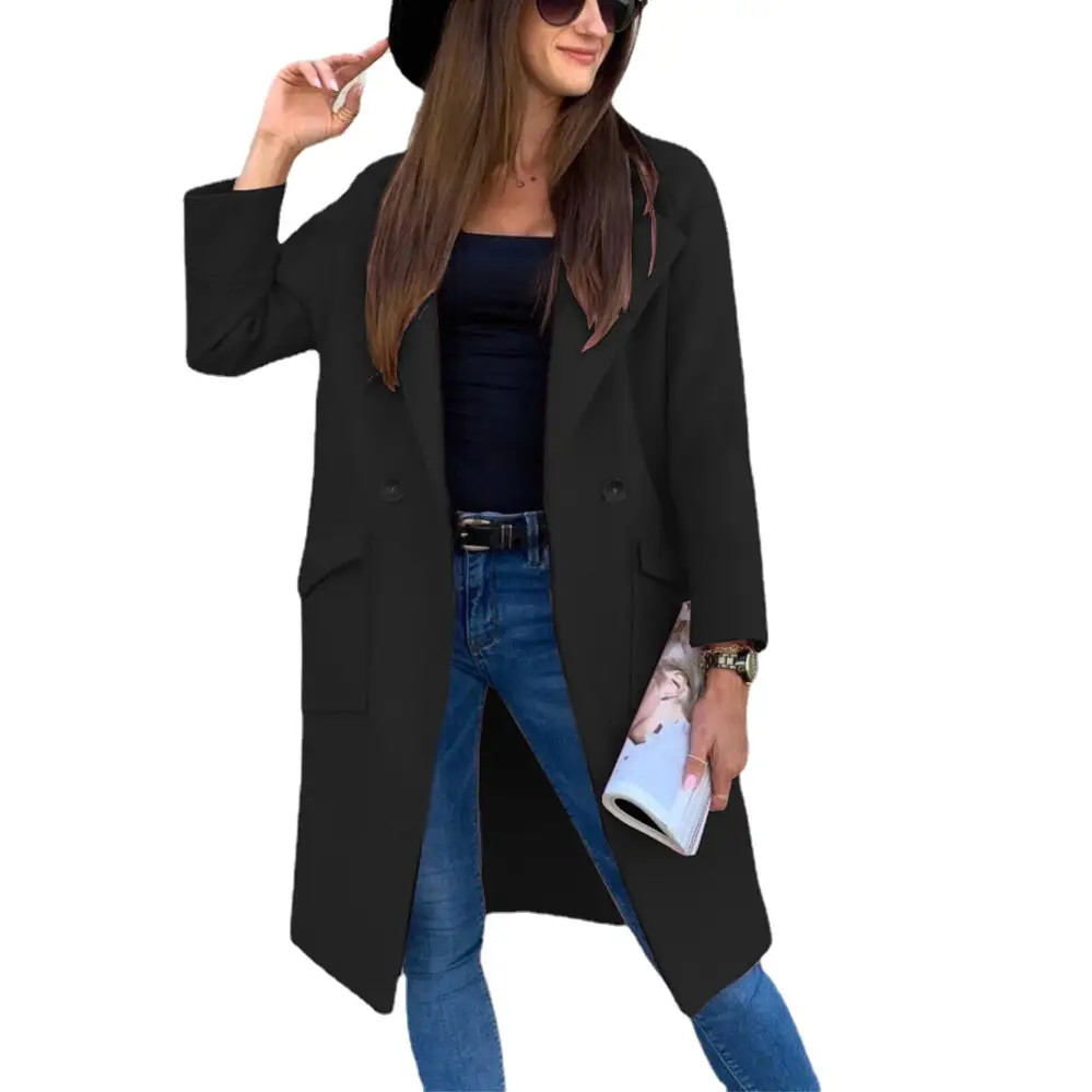 Women Woolen Long Sleeve Collar Suit Black