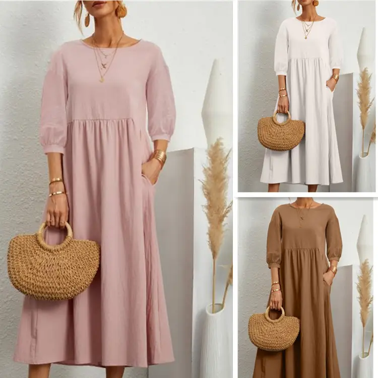 2022 Women Casual Black Lantern Sleeve Dress Loose Cotton Linen - Image 12