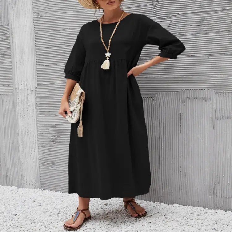 2022 Women Casual Black Lantern Sleeve Dress Loose Cotton Linen - Image 14