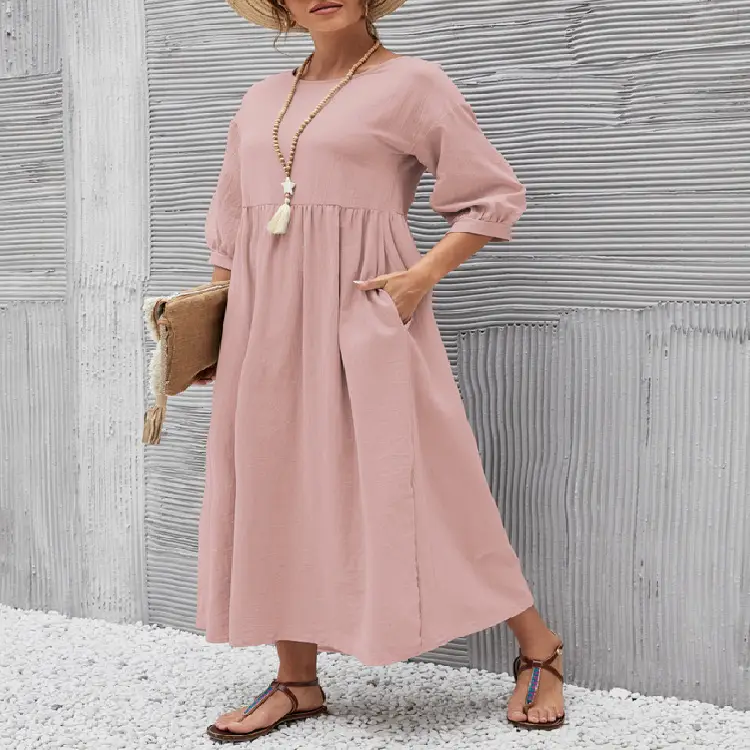 2022 Women Casual Black Lantern Sleeve Dress Loose Cotton Linen - Image 15