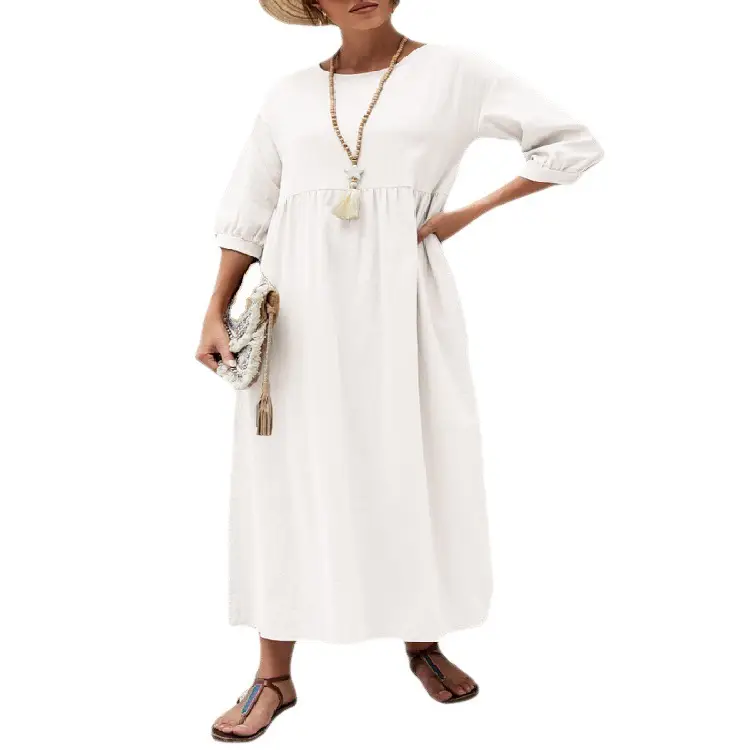 2022 Women Casual Black Lantern Sleeve Dress Loose Cotton Linen - Image 16