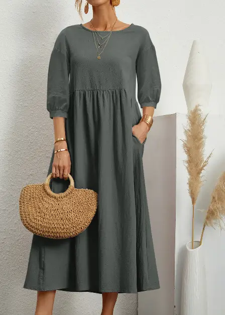 2022 Women Casual Black Lantern Sleeve Dress Loose Cotton Linen - Image 11