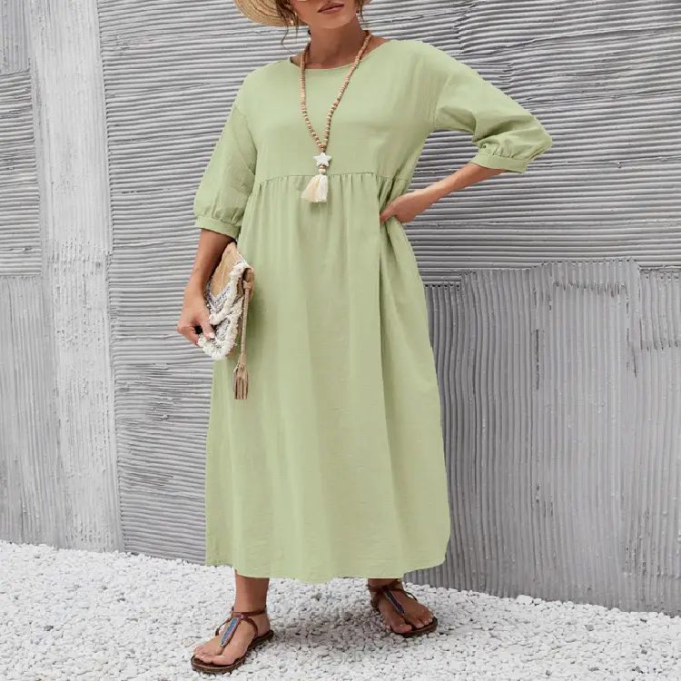 2022 Women Casual Black Lantern Sleeve Dress Loose Cotton Linen - Image 9