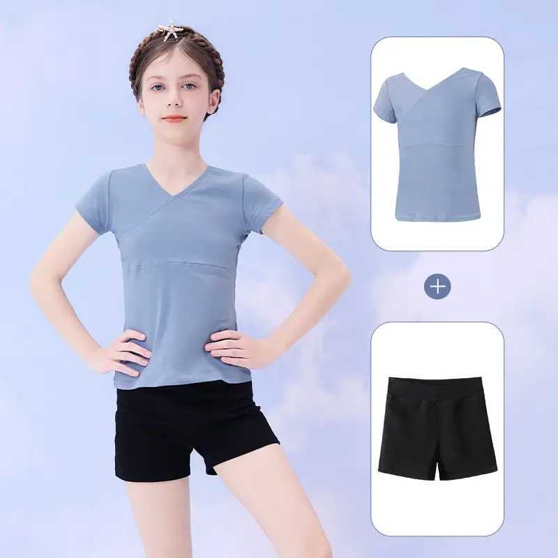 Girls Summer Dance Suit Split Training Shorts V-Neck T-Shirt - Image 7