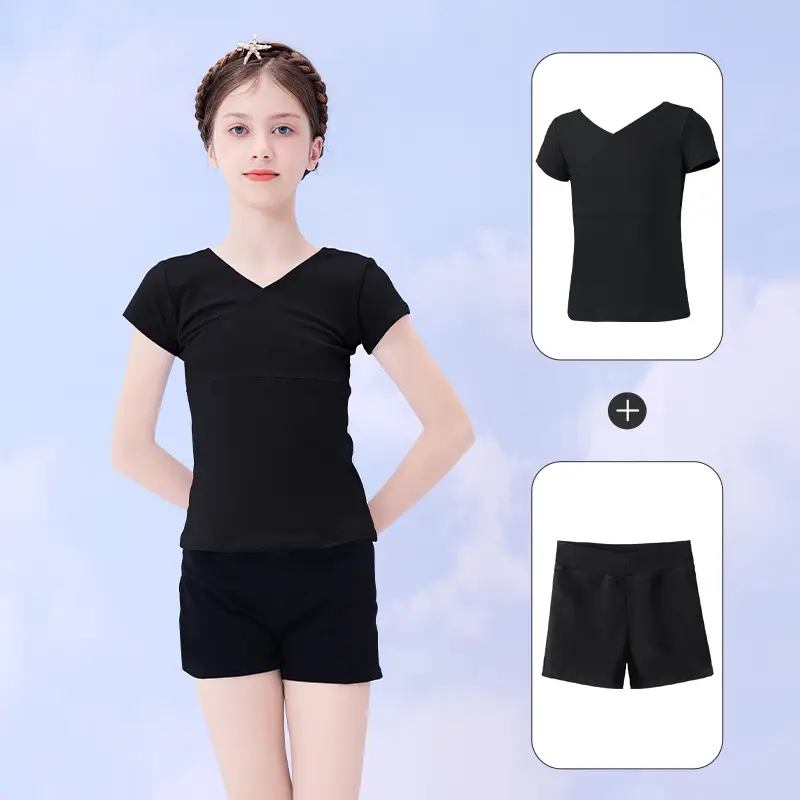 Girls Summer Dance Suit Split Training Shorts V-Neck T-Shirt - Image 8