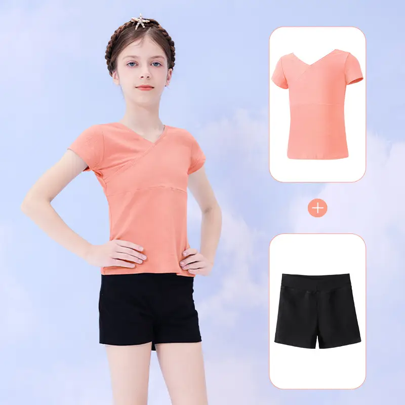 Girls Summer Dance Suit Split Training Shorts V-Neck T-Shirt - Image 9