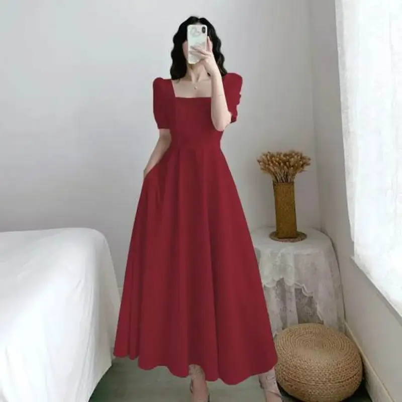 Women's Maroon Puff Sleeve Skirt Dress - Image 5