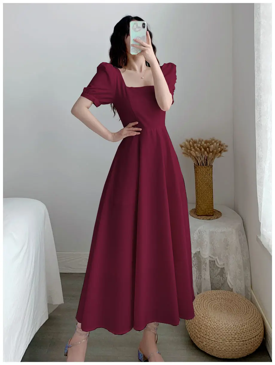 Women's Maroon Puff Sleeve Skirt Dress — feature 12