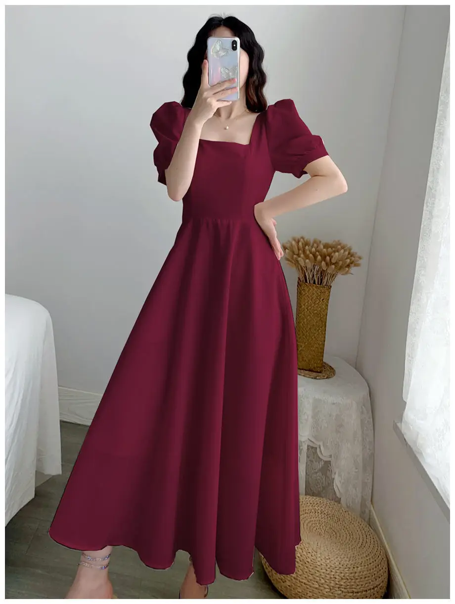 Women's Maroon Puff Sleeve Skirt Dress — feature 13