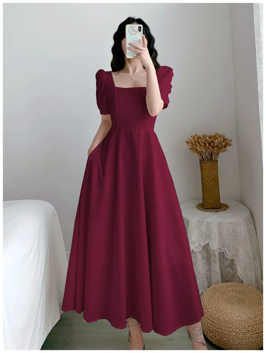 Women's Maroon Puff Sleeve Skirt Dress — feature 11