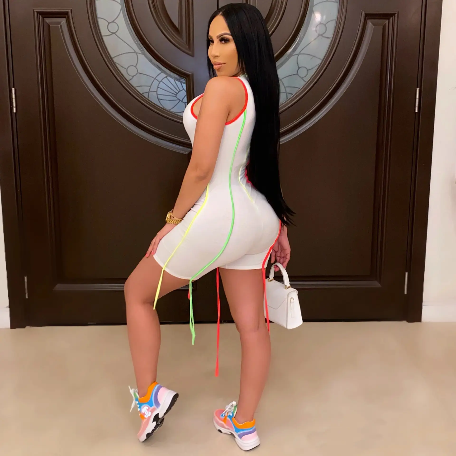 European American Women's Amazon Explosions Slim White Sexy Irregular Contrast Color Sports Jumpsuit Cross Border