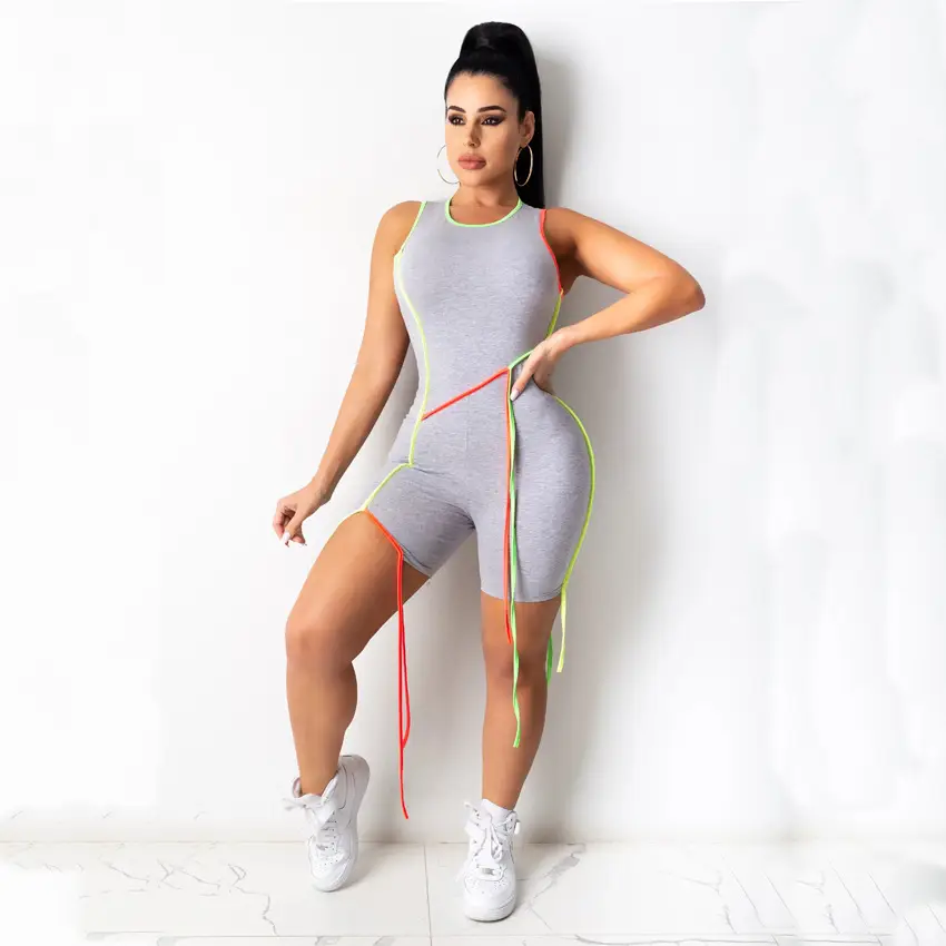 European American Women's Amazon Explosions Slim White Sexy Irregular Contrast Color Sports Jumpsuit Cross Border