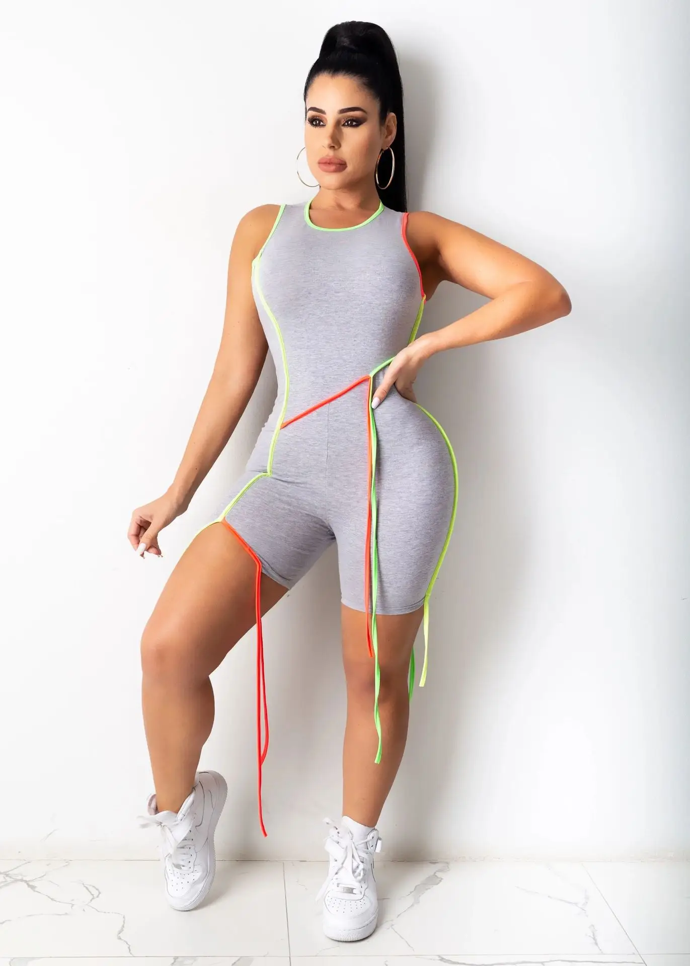 European American Women's Amazon Explosions Slim White Sexy Irregular Contrast Color Sports Jumpsuit Cross Border — feature 7
