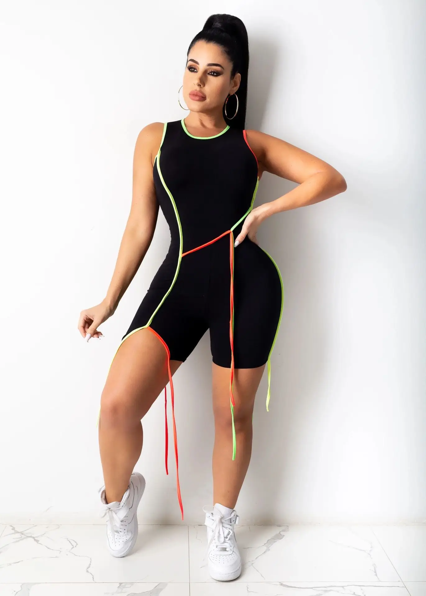 European American Women's Amazon Explosions Slim White Sexy Irregular Contrast Color Sports Jumpsuit Cross Border — feature 6