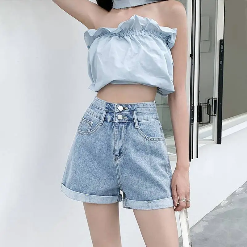 Women Crimped Denim Shorts Blue 2022 Summer - Image 3