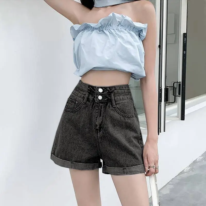 Women Crimped Denim Shorts Blue 2022 Summer - Image 4