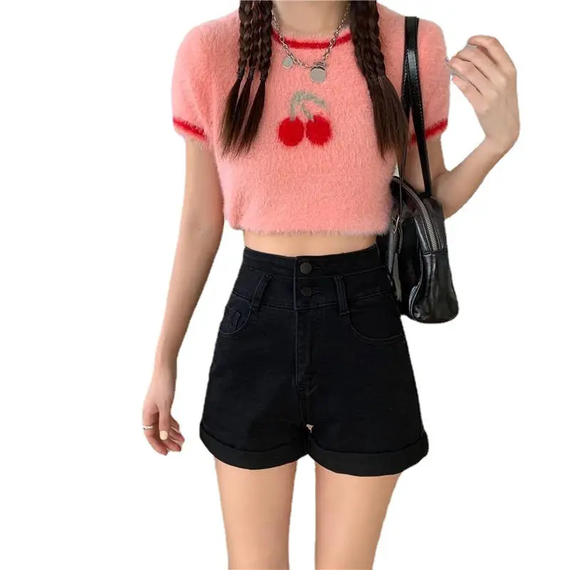 Women Crimped Denim Shorts Blue 2022 Summer - Image 5