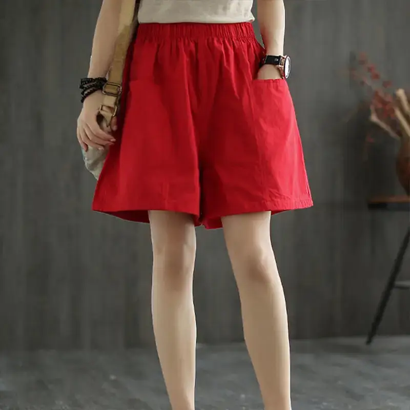 Women Red Wide Leg Cotton Linen Shorts Summer Large - Image 7