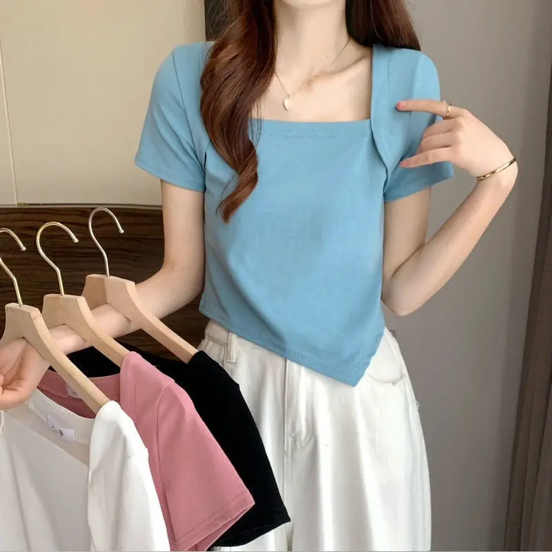 Women Blue Square Neck Irregular Short Sleeve T-Shirt - Image 5