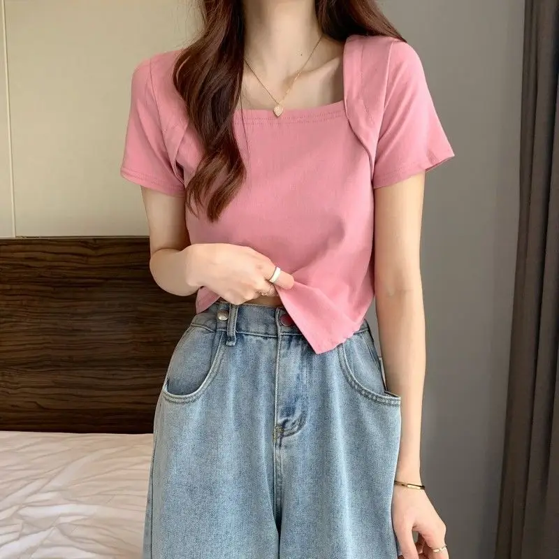 Women Blue Square Neck Irregular Short Sleeve T-Shirt - Image 2