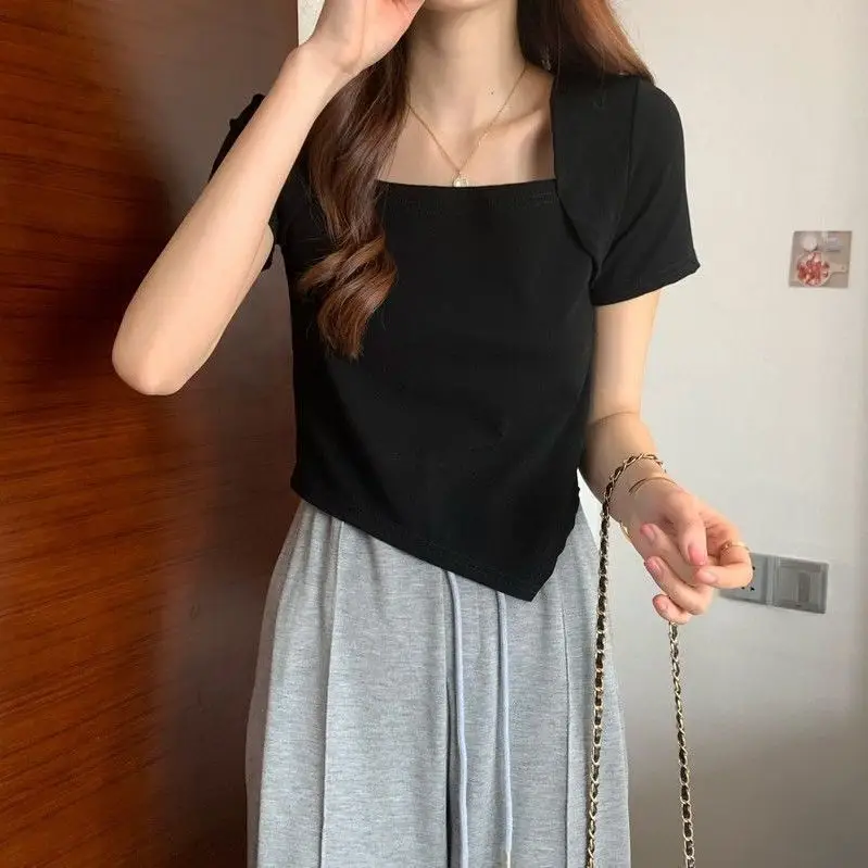 Women Blue Square Neck Irregular Short Sleeve T-Shirt - Image 3