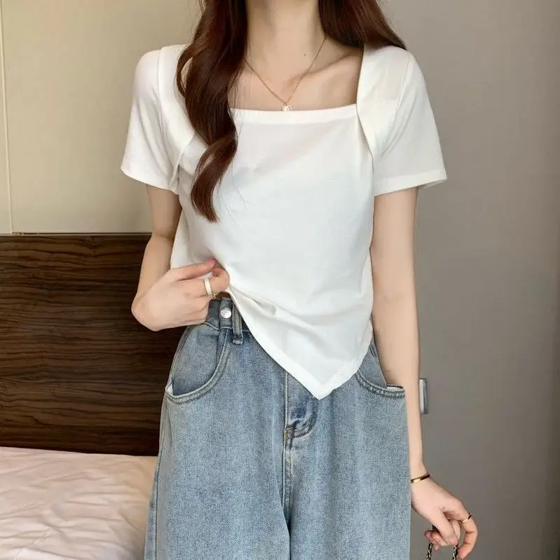 Women Blue Square Neck Irregular Short Sleeve T-Shirt - Image 4