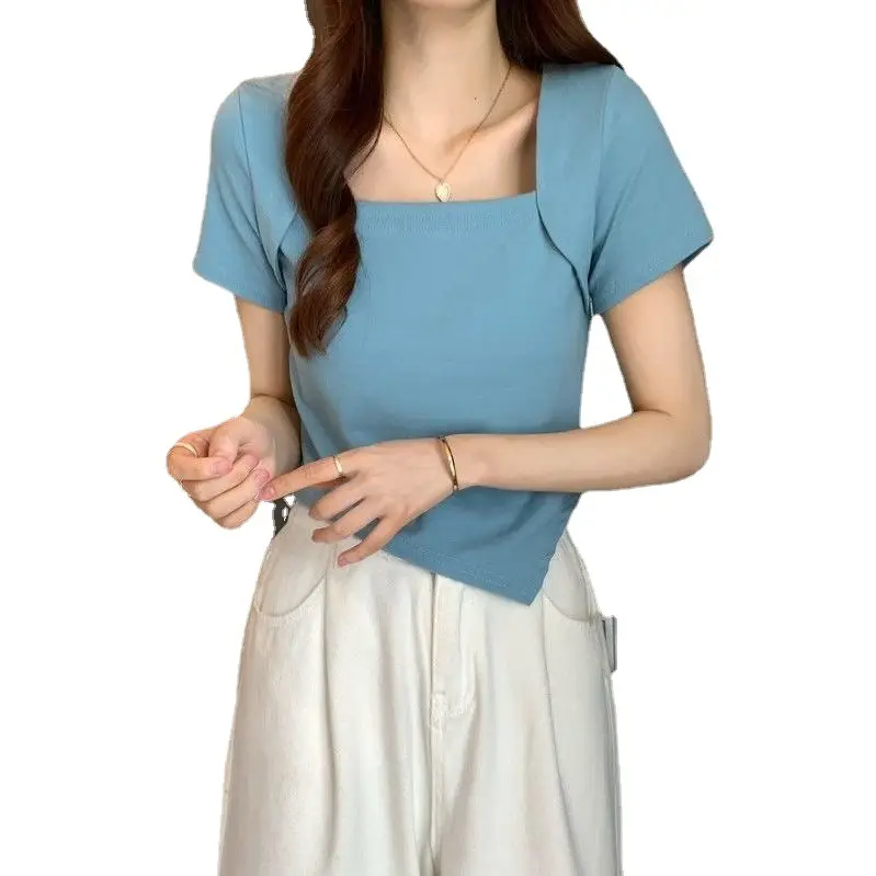 Women Blue Square Neck Irregular Short Sleeve T-Shirt - Image 6