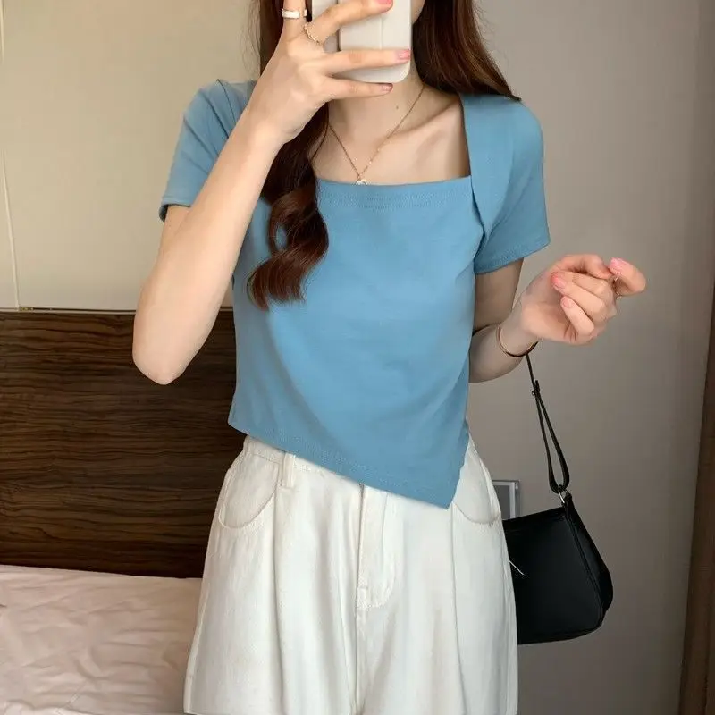 Women Blue Square Neck Irregular Short Sleeve T-Shirt — feature 10