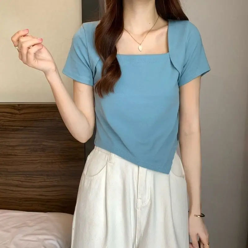 Women Blue Square Neck Irregular Short Sleeve T-Shirt — feature 12
