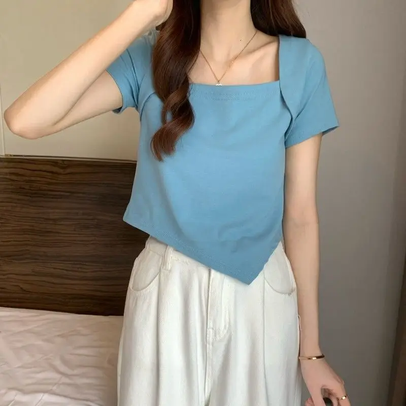 Women Blue Square Neck Irregular Short Sleeve T-Shirt — feature 14