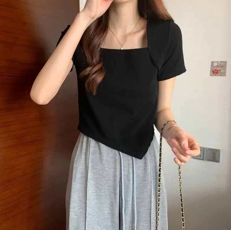 Women Blue Square Neck Irregular Short Sleeve T-Shirt — feature 16