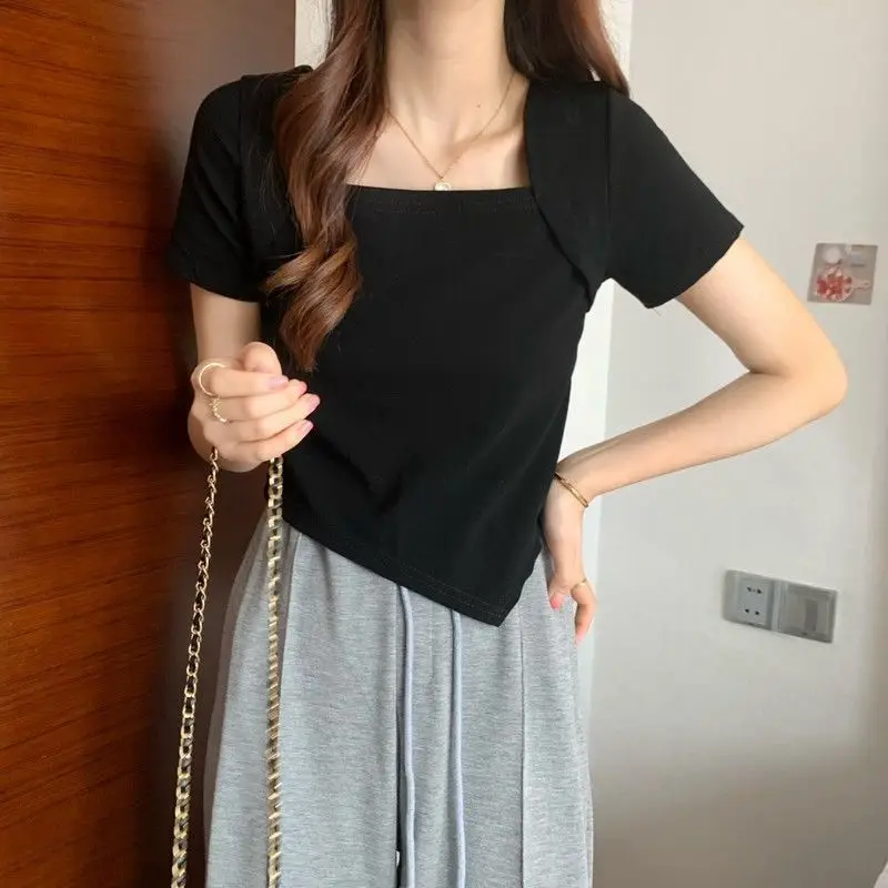 Women Blue Square Neck Irregular Short Sleeve T-Shirt — feature 18