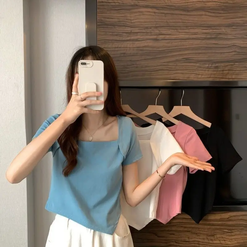Women Blue Square Neck Irregular Short Sleeve T-Shirt — feature 2