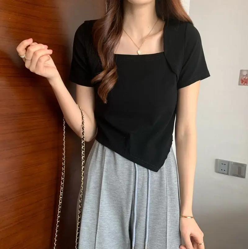 Women Blue Square Neck Irregular Short Sleeve T-Shirt — feature 20