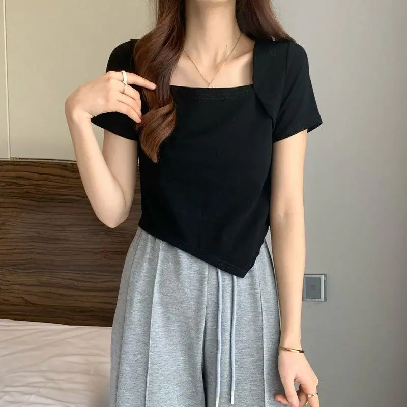 Women Blue Square Neck Irregular Short Sleeve T-Shirt — feature 23