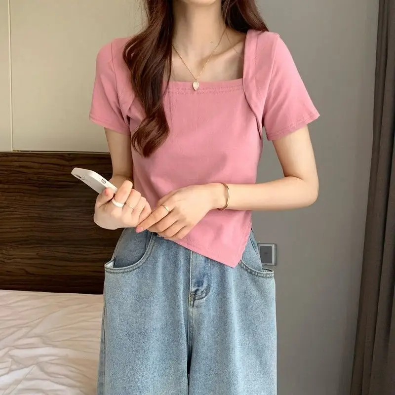Women Blue Square Neck Irregular Short Sleeve T-Shirt — feature 27
