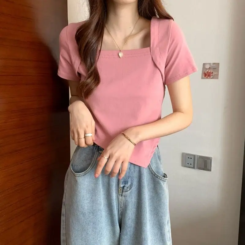 Women Blue Square Neck Irregular Short Sleeve T-Shirt — feature 29