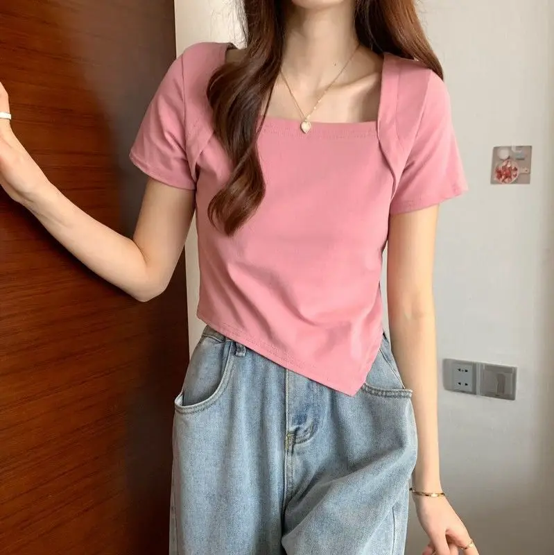 Women Blue Square Neck Irregular Short Sleeve T-Shirt — feature 31