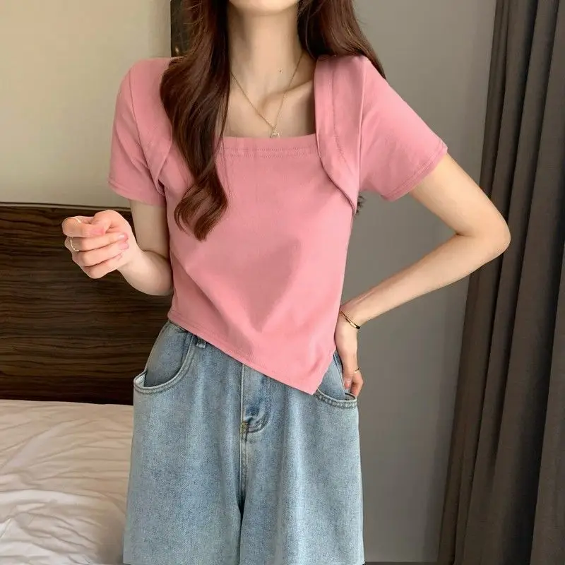 Women Blue Square Neck Irregular Short Sleeve T-Shirt — feature 33