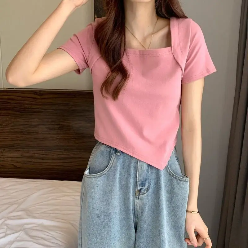 Women Blue Square Neck Irregular Short Sleeve T-Shirt — feature 35