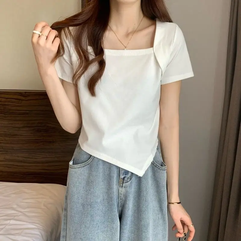 Women Blue Square Neck Irregular Short Sleeve T-Shirt — feature 37