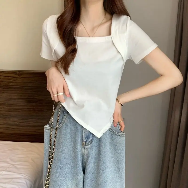 Women Blue Square Neck Irregular Short Sleeve T-Shirt — feature 39