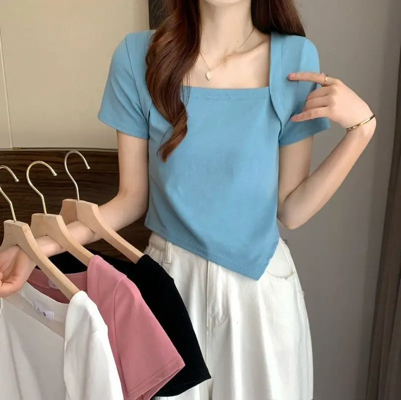 Women Blue Square Neck Irregular Short Sleeve T-Shirt — feature 4