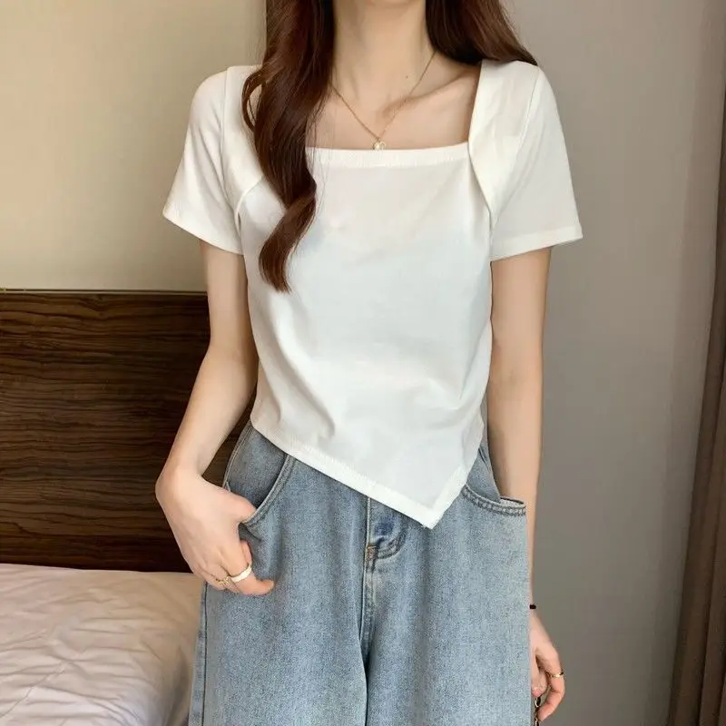 Women Blue Square Neck Irregular Short Sleeve T-Shirt — feature 41