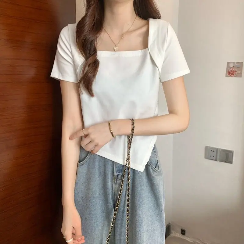 Women Blue Square Neck Irregular Short Sleeve T-Shirt — feature 43