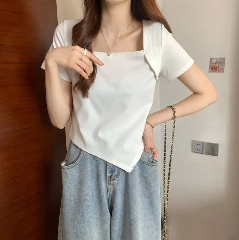 Women Blue Square Neck Irregular Short Sleeve T-Shirt — feature 45