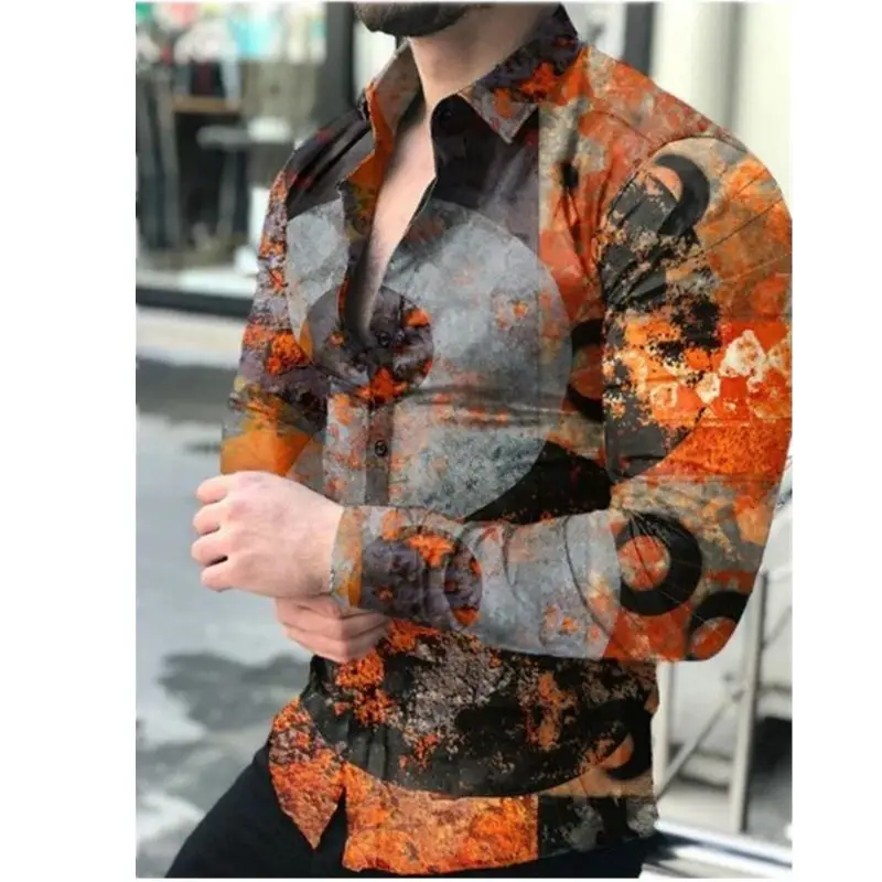 Men's 3D Printed Geometric Shirt White Black Long Sleeve - Image 7
