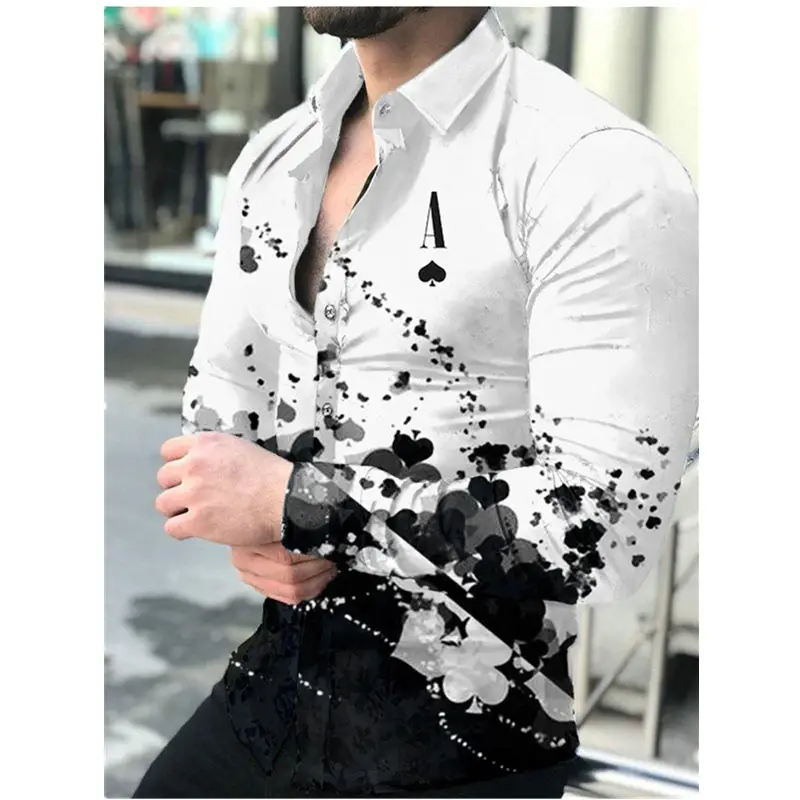 Men's 3D Printed Geometric Shirt White Black Long Sleeve - Image 8